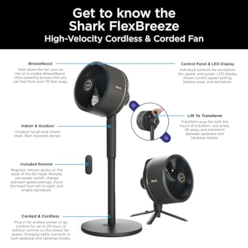 Shark FlexBreeze Pedestal & Tabletop, Indoor & Outdoor, Portable, Oscillating Fan with Remote, Quiet, Powerful, Corded & Cordless with InstaCool Misting Attachment, Dark Grey (Renewed)
