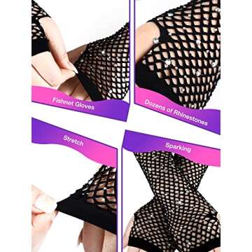 JenPen 4 Pairs Women Fishnet Long Gloves Rhinestone Mesh Arm Sleeve Nylon Gloves Steampunk Punk Glitter Gloves Opera Gothic Gloves for Women Girls Wedding Dancer Singer, Black and White