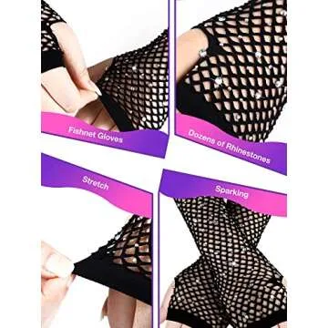 JenPen 4 Pairs Women Fishnet Long Gloves Rhinestone Mesh Arm Sleeve Nylon Gloves Steampunk Punk Glitter Gloves Opera Gothic Gloves for Women Girls Wedding Dancer Singer, Black and White