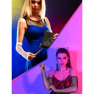 JenPen 4 Pairs Women Fishnet Long Gloves Rhinestone Mesh Arm Sleeve Nylon Gloves Steampunk Punk Glitter Gloves Opera Gothic Gloves for Women Girls Wedding Dancer Singer, Black and White