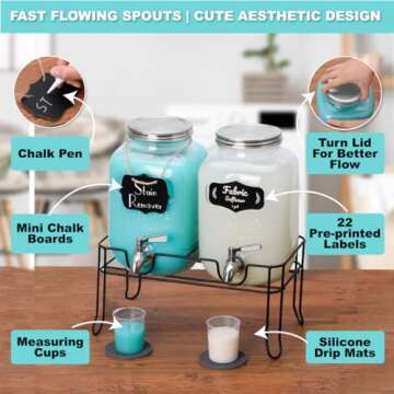 AMEY Liquid Laundry Detergent Dispenser - Two 1 Gallon Glass Laundry Containers for Soap, Fabric Softener- Decorative Laundry Room organization-22 Stickers-Stand-3 Wall Decals-Drip Mats-Spout-Silver