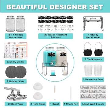 AMEY Liquid Laundry Detergent Dispenser - Two 1 Gallon Glass Laundry Containers for Soap, Fabric Softener- Decorative Laundry Room organization-22 Stickers-Stand-3 Wall Decals-Drip Mats-Spout-Silver