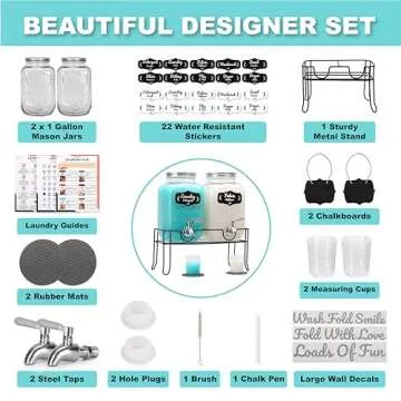 AMEY Liquid Laundry Detergent Dispenser - Two 1 Gallon Glass Laundry Containers for Soap, Fabric Softener- Decorative Laundry Room organization-22 Stickers-Stand-3 Wall Decals-Drip Mats-Spout-Silver