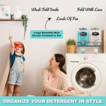 AMEY Liquid Laundry Detergent Dispenser - Two 1 Gallon Glass Laundry Containers for Soap, Fabric Softener- Decorative Laundry Room organization-22 Stickers-Stand-3 Wall Decals-Drip Mats-Spout-Silver
