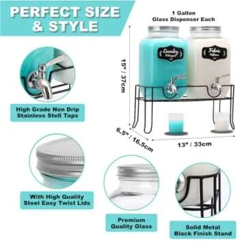 AMEY Liquid Laundry Detergent Dispenser - Two 1 Gallon Glass Laundry Containers for Soap, Fabric Softener- Decorative Laundry Room organization-22 Stickers-Stand-3 Wall Decals-Drip Mats-Spout-Silver