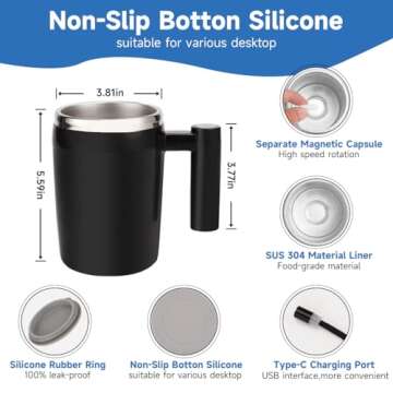 Self Stirring Mug,Rechargeable Auto Magnetic Stirring Coffee Cup,Black Stainless Steel Waterproof Automatic Mixing Mug for Milk and Cocoa in Office Kitchen Travel,14 oz Coffee Mug