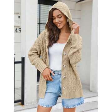 Saodimallsu Womens Hooded Cardigan Sweater Cable Knit Button Down Fall Trendy Long Sleeve Casual Loose Open Front Coat Khaki, X-Large