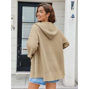 Saodimallsu Womens Hooded Cardigan Sweater Cable Knit Button Down Fall Trendy Long Sleeve Casual Loose Open Front Coat Khaki, X-Large