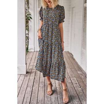 PRETTYGARDEN Women's Summer Casual Boho Dress Floral Print Ruffle Puff Short Sleeve Flowy Midi Beach...