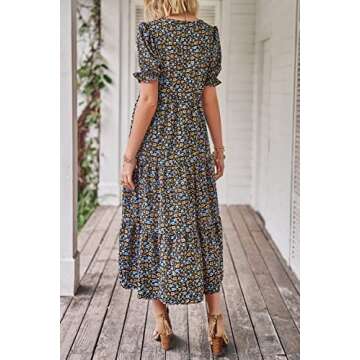 PRETTYGARDEN Women's Summer Casual Boho Dress Floral Print Ruffle Puff Short Sleeve Flowy Midi Beach Party Dresses (Navy Floral,Medium)