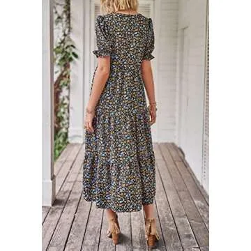 PRETTYGARDEN Women's Summer Casual Boho Dress Floral Print Ruffle Puff Short Sleeve Flowy Midi Beach Party Dresses (Navy Floral,Medium)