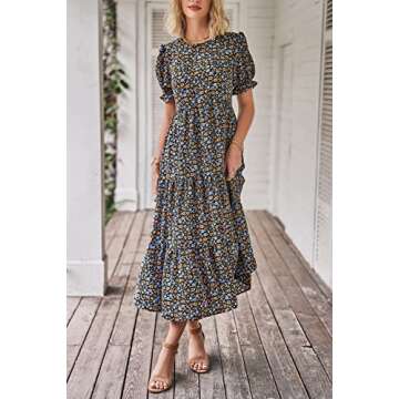 PRETTYGARDEN Women's Summer Casual Boho Dress Floral Print Ruffle Puff Short Sleeve Flowy Midi Beach Party Dresses (Navy Floral,Medium)