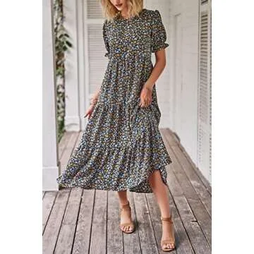 PRETTYGARDEN Women's Summer Casual Boho Dress Floral Print Ruffle Puff Short Sleeve Flowy Midi Beach Party Dresses (Navy Floral,Medium)
