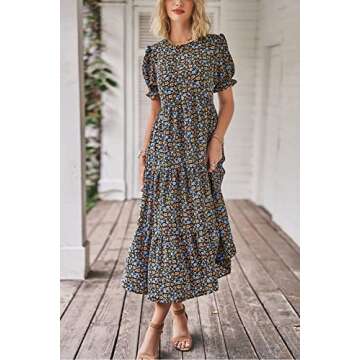PRETTYGARDEN Women's Summer Casual Boho Dress Floral Print Ruffle Puff Short Sleeve Flowy Midi Beach Party Dresses (Navy Floral,Medium)