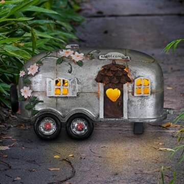 Exhart Garden Sculpture, Solar Vintage Camping Trailer Garden Statue, LED Lights, Outdoor Garden Dec...