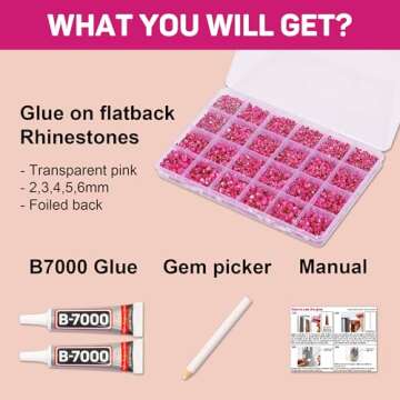 20100Pcs Hot Pink Rhinestones Flatback with b7000 Glue for Crafts Crafting Clothing Clothes Fabric J...