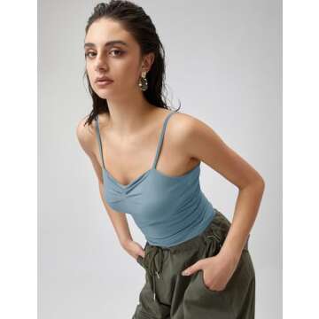 LOMON Women's Sleeveless Adjustable Spaghetti Strap Ash Blue Crop top Sweetheart Neck Trendy Tank Top Summer S