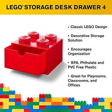 Room Copenhagen LEGO Storage Brick 4 Desk Drawer, 4-Stud Stackable Tabletop Storage Box, 6.2 x 6.2 x 4.4 In, Red