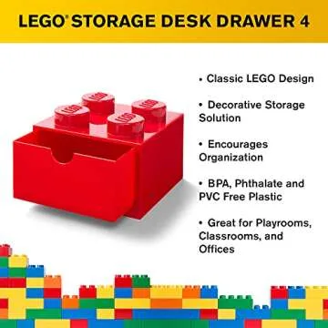 Room Copenhagen LEGO Storage Brick 4 Desk Drawer, 4-Stud Stackable Tabletop Storage Box, 6.2 x 6.2 x 4.4 In, Red
