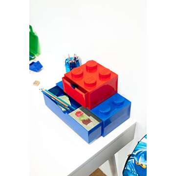 Room Copenhagen LEGO Storage Brick 4 Desk Drawer, 4-Stud Stackable Tabletop Storage Box, 6.2 x 6.2 x 4.4 In, Red