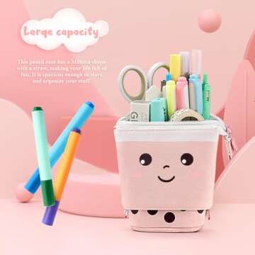 Cute Standing Pencil Case for Kids, Pop Up Pencil Box Makeup Pouch, Christmas Gift Kids Corduroy Pen Holder Organizer Cosmetics Bag, Kawaii Stationary (Pink)