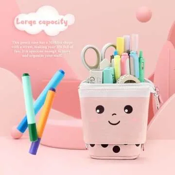 Cute Standing Pencil Case for Kids, Pop Up Pencil Box Makeup Pouch, Christmas Gift Kids Corduroy Pen Holder Organizer Cosmetics Bag, Kawaii Stationary (Pink)