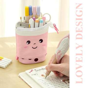 Cute Standing Pencil Case for Kids, Pop Up Pencil Box Makeup Pouch, Christmas Gift Kids Corduroy Pen Holder Organizer Cosmetics Bag, Kawaii Stationary (Pink)