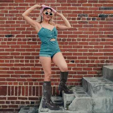 AMINUGAL Brown Knee High Boots Women Square Toe Pull On Boots Wide Calf Riding Boots Fashion Buckles Chunky Boots Metallic Casual Vintage Buckle Rivet Boots Size 8