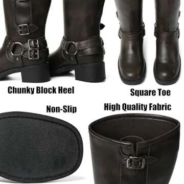 AMINUGAL Brown Knee High Boots Women Square Toe Pull On Boots Wide Calf Riding Boots Fashion Buckles Chunky Boots Metallic Casual Vintage Buckle Rivet Boots Size 8
