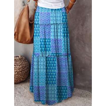 Happy Sailed Womens Retro Boho Printed High Waist Elastic Waist A Line Flowy Long Maxi Beach Skirts with Pockets Blue Medium