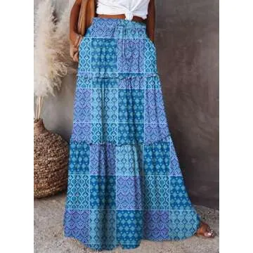 Happy Sailed Womens Retro Boho Printed High Waist Elastic Waist A Line Flowy Long Maxi Beach Skirts with Pockets Blue Medium