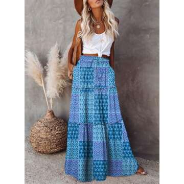 Happy Sailed Womens Retro Boho Printed High Waist Elastic Waist A Line Flowy Long Maxi Beach Skirts with Pockets Blue Medium
