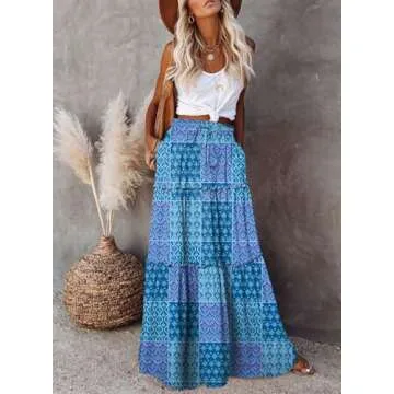 Happy Sailed Womens Retro Boho Printed High Waist Elastic Waist A Line Flowy Long Maxi Beach Skirts with Pockets Blue Medium