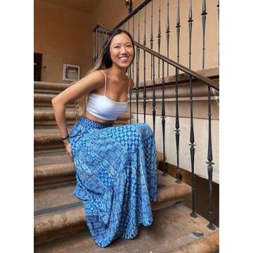 Happy Sailed Womens Retro Boho Printed High Waist Elastic Waist A Line Flowy Long Maxi Beach Skirts with Pockets Blue Medium