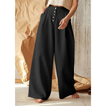 chouyatou Women's Summer High Waisted Cotton Linen Palazzo Wide Leg Casual Pants with Pockets (Large, Black)