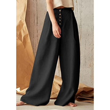 chouyatou Women's Summer High Waisted Cotton Linen Palazzo Wide Leg Casual Pants with Pockets (Large, Black)
