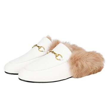 Fur Mules for Women Leather Low Heel Loafers Pointed Toe Rabbit Furny Mule Flats Backless Slides