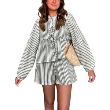 Bankeng Women Y2K Tie Front 2 Piece Shorts Set – Plaid Long Puff Sleeve Top & Shorts for Summer