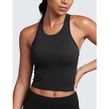 CRZ YOGA Womens Seamless Ribbed Longline High Neck Sports Bra - Racerback Padded Slim Fit Crop Tank ...