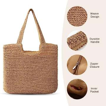 Trifabricy Beach Bag Tote - Straw Beach Bag for Women, Large Woven Capacity Beach Tote, Summer Handbag Shoulder Bag, Khaki