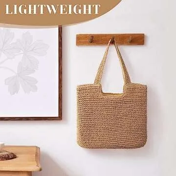 Trifabricy Beach Bag Tote - Straw Beach Bag for Women, Large Woven Capacity Beach Tote, Summer Handbag Shoulder Bag, Khaki