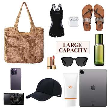 Trifabricy Beach Bag Tote - Straw Beach Bag for Women, Large Woven Capacity Beach Tote, Summer Handbag Shoulder Bag, Khaki