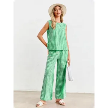 Tankaneo Women's Summer Gingham 2 Piece Set Comfortable Outfit