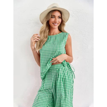 Tankaneo Women's Summer Gingham 2 Piece Set Comfortable Outfit