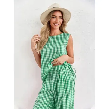 Tankaneo Women's Summer Gingham 2 Piece Set Comfortable Outfit