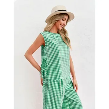 Tankaneo Women's Summer Gingham 2 Piece Set Comfortable Outfit