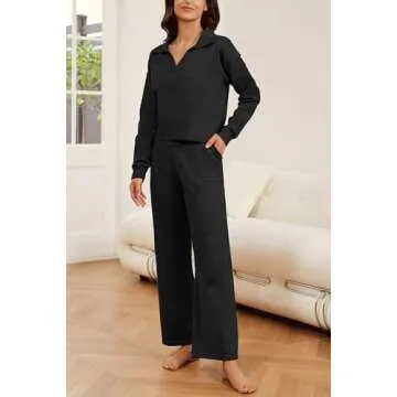 Koandaily Womens 2 Piece Outfits Long Sleeve Casual V Neck Knit Sweater Top Wide Leg Pants Tracksuit...
