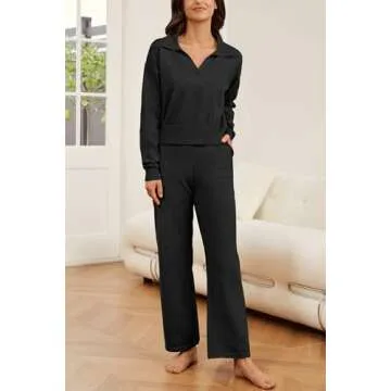 Koandaily Womens 2 Piece Outfits Long Sleeve Casual V Neck Knit Sweater Top Wide Leg Pants Tracksuits Lounge Sets Black XL