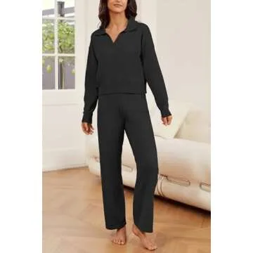 Koandaily Womens 2 Piece Outfits Long Sleeve Casual V Neck Knit Sweater Top Wide Leg Pants Tracksuits Lounge Sets Black XL