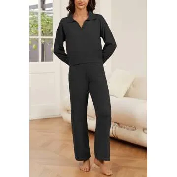 Koandaily Womens 2 Piece Outfits Long Sleeve Casual V Neck Knit Sweater Top Wide Leg Pants Tracksuits Lounge Sets Black XL